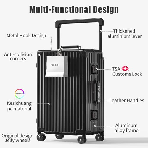 ROPLUS Aluminium Frame Carry on Luggage with Smooth Jelly Wheels, Hardside Zipperless Rolling Suitcase with TSA Lock (Pure Black, 21-Inch)