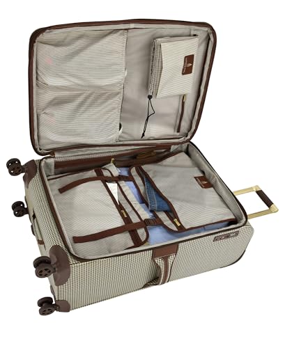 London Fog Cambridge 20" Expandable Spinner Carry-On Softside Suitcase with Padded Laptop Compartment, Olive Houndstooth
