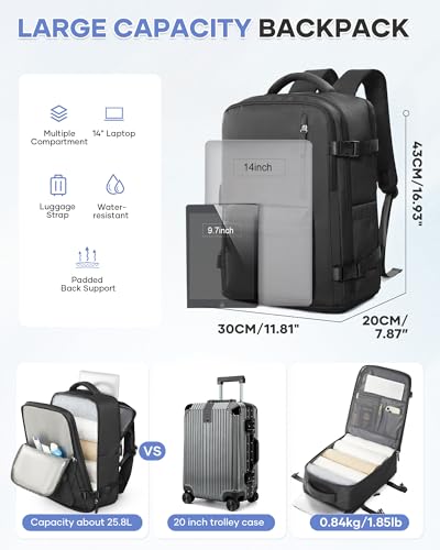 Large Carry on Travel Backpack Women Men,Hiking Gym Waterproof Outdoor Sports Rucksack Casual Daypack Laptop Backpack Personal item Travel Bag Airplane Essentials Spirit Airline Flight Approved,Black