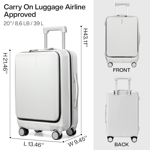 Hanke Carry On Luggage with Wheels, 20 Inch Hard Shell Suitcases TSA Approved Travel Luggage Carry-On Hard Case Luggage,Smoke White