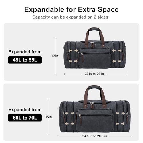 EKOROMIER Canvas Expandable Duffle Bag for Men Traveling, Luggage Travel Bag Weekender Overnight Bag,Mens Gym Carry on Duffel Bags（Dark Grey）