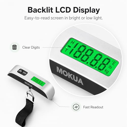 MOKUA Portable Digital Luggage Scale, 110lbs Hanging Baggage Scale with Backlit LCD Display, Portable Suitcase Weighing Scale, Travel Luggage Weight Scale with Hook