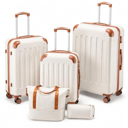 YOETEY Carry On Luggage 22x14x9 Airline Approved, Hardside Suitcase with Wheels, TSA Approved, Tote Bag, White Brown