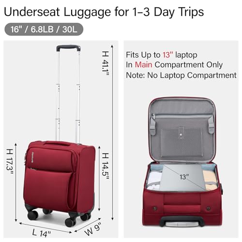 Hanke 16 Inch Underseat Carry On Luggage with Spinner Wheels Airline Approved, Small Rolling Suitcase Softside Underseater Lightweight TSA Travel Roller Suitcase Carry-On Bag(Burgundy)