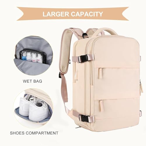 Farmer&Donkey Travel Backpack for Women Men, Waterproof Airlines Approved Carry On Backpack 15.6 Inch Laptop Backpack with USB Charging Port for Computer Bookbag for Business, School, Work(Beige)