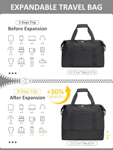 Expandable Travel Duffle Bag, Waterproof Weekender Overnight Bags for Women Men Hospital Bag for Women Labor Delivery Carry on Bag with Toiletry Bag for Travel Gym Airplanes(Black, X-Large)