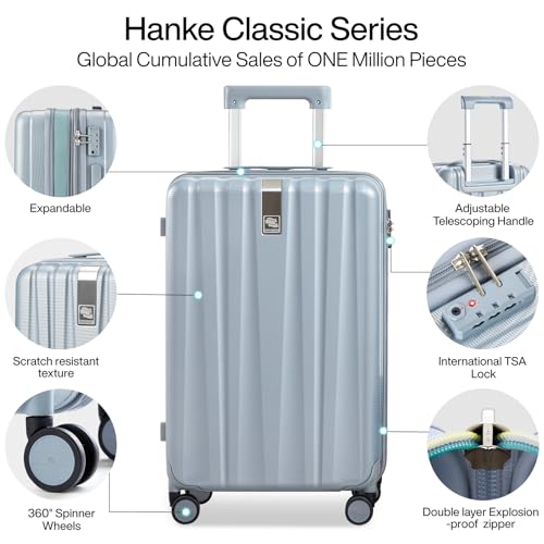 Hanke 20 Inch Expandable Carry on Luggage 22x14x9 Airline Approved Lightweight PC Hard Shell Suitcases with Wheels Travel Luggage Rolling Suitcase Travel Luggage Bag for Weekender(Gray)
