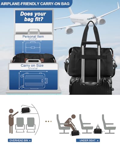 Pritent Travel Duffle Bag, Waterproof Weekender Overnight Hospital Bags for Women Men with Toiletry Bag Lightweight Personal Item Duffle Gym Bag for Travel, Airplanes, Sports(Black, Medium)