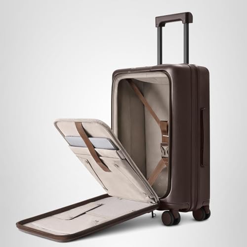 NINETYGO Carry On Luggage 22x14x9 Airline Approved, 20 Inch Suitcase with Front Compartment, Coffee-Infused PC Hard Shell, Eco-Friendly, Cup Holder, Clamshell, TSA Lock, Spinner Wheels (Americano)