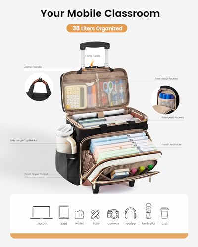 LOVEVOOK Rolling Teacher Bag with Detachable Dolly and Laptop Compartment, Large Rolling Tote Bag fits for 17.3" Laptop for Teacher Office Work Craft Nurse, Quilted-Black-beige-brown