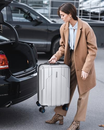 BAGSMART Carry On Luggage 22x14x9 Airline Approved, 1OO% PC Hardside Expandable Luggage with TSA Lock, 20 Inch Travel Suitcase with Spinner Wheels,Sliver
