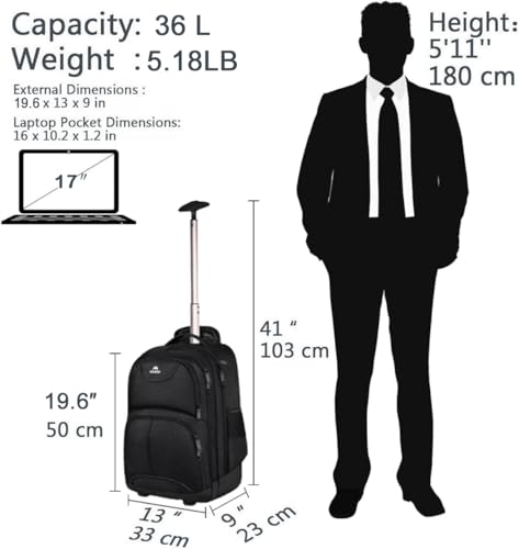 MATEIN Rolling Backpack, 17 inch Water Resistant Wheeled Laptop Backpack, Carry on Luggage Business Bag, Overnight College Computer Bag Trolley Suitcase for Men Women Adults to Travel, Black