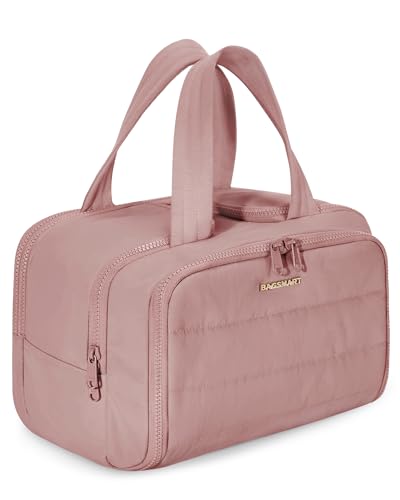 BAGSMART Travel Toiletry Bag, Lightweight Large Wide-open Travel Bag for Women, Puffy Cosmetic Makeup Bag Organizer with Handle for Accessories,Essentials, Toiletries, Dark Pink
