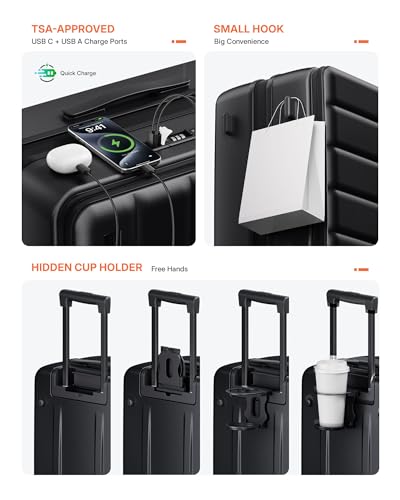 ISLAND ELEPHANT Expandable 20Inch Carry On Luggage Airline Approved - Top Opening Hardside Travel Suitcase Unbreakable -with Cup Holder,USB Charge,Side Pothook, 360°Spinner Wheels, TSA Lock-Black