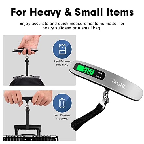 BAGAIL Digital Luggage Scale,110lbs Hanging Baggage Scale with Backlit LCD Display,Portable Suitcase Weighing Scale,Travel Luggage Weight Scale with Hook,Strong Straps for Travelers(Silver)