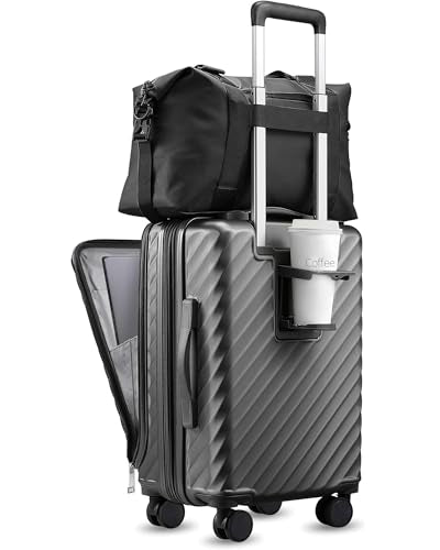 LUGGEX Carry On Luggage with Front Compartment and Cup Holder, KVF Expandable PC Hard Shell Suitcase with Front Pocket (FX-Plus, Gunmetal, 2-Piece (20/Tote))