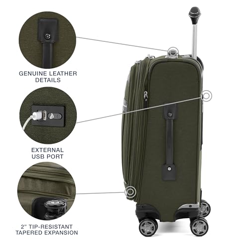 Travelpro Platinum Elite Softside Expandable Carry on Luggage, 8 Wheel Spinner Suitcase, USB Port, Suiter, Men and Women, Pilot Green, Carry On 21-Inch
