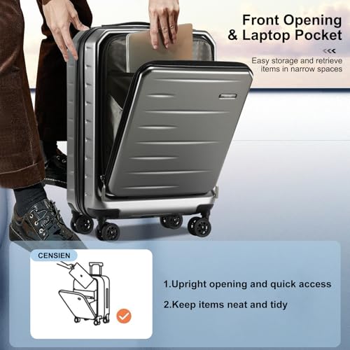 CENSIEN Carry On Luggage 22×14×9 Airline Approved, 20 Inch Lightweight ABS+PC Hard Shell Suitcases with Front Pocket, Spinner Wheels, TSA Lock (Dark Gray, 1PC)