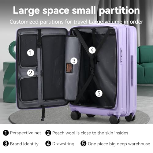 ROAMING 20 Inch Carry On Luggage Expandable Front Opening Rolling Vacation Suitcase with Spinner Wheels and TSA Lock Cup Holder PC Hard Shell Travel Trolley Case for Shout Business Trips purple