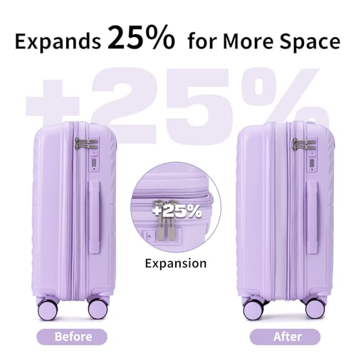 Carry On Luggage Set 22x14x9 Airline Approved, Expandable 20 Inch Carry-On Suitcases With Wheels, Lightweight Luggage Sets 3 Pieces With Backpack, Lavender