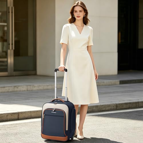 mixi 16 Inch Underseat Carry-On Luggage, Softside Suitcase with Wheels, Fashion Lightweight Water-Resistant Personal Item Travel Bag for Short Trips, Deep Blue-Off white