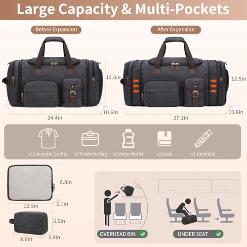 Mens Duffle Bag for Travel 60L Expandable Canvas Weekender Overnight Travel Duffel Bag with Shoe Compartment Carry-On for Airplanes Dark Gray