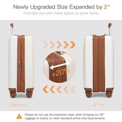 Kono Small 20 Inch Expandable Carry On Luggage with Quiet Spinner Wheels & TSA Lock, Scratch and Drop Resistant PC+ABS Hardside 22x14x9 Airline Approved Suitcase, Cream White & Brown