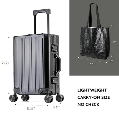 Lanuitjoy All Aluminum Carry On Luggage 22x14x9 Airline Approved Hard Shell Carry On Luggage Zipperless Luggage Metal 20inch Suitcase Luggage, Black