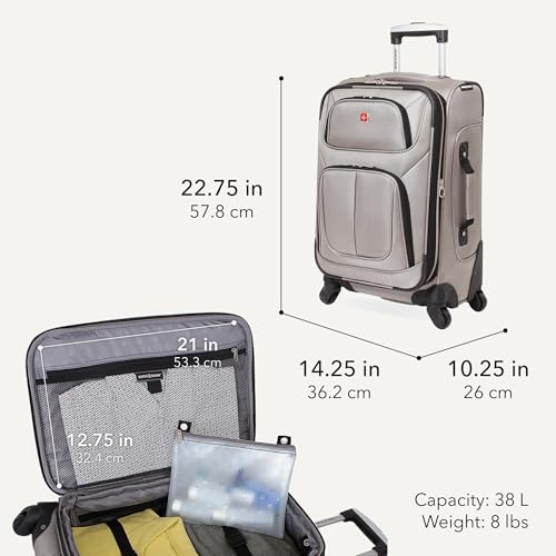 SWISSGEAR Sion Carry-On Spinner Luggage, Softside Expandable, Lightweight Suitcase, Pewter, 22.75-Inch