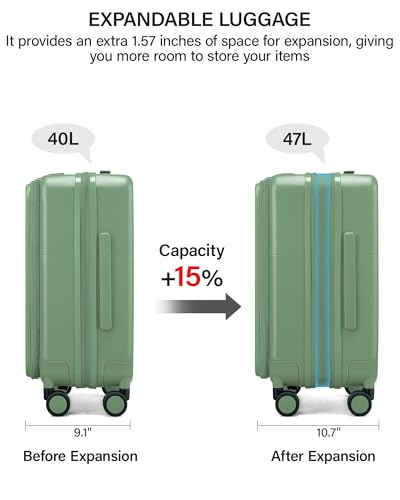 Hanke 20 Inch Expandable Carry On Luggage with Cup Holder 22x14x9 Airline Approved, Top Opening Hard Shell Suitcases with Wheels, Carry-On Travel Suitcase Trunk Luggage with Lock, Forest Green