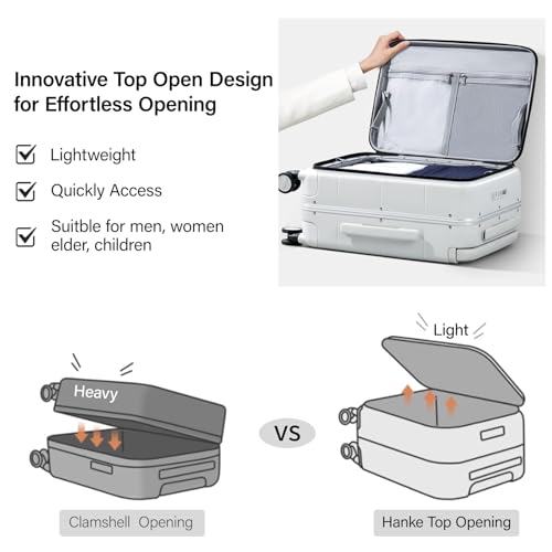 Hanke Top Opening Carry On Luggage, 20 Inch All-PC Aluminum Frame Wide Handle Luggage, Hard Shell Trunk Suitcase with Spinner Wheels, TSA Airline Approved (Smoke White, 40L)
