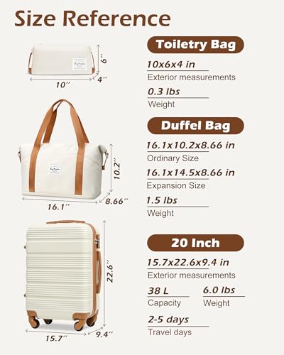 LONG VACATION 3 Piece Carry On Luggage 20 Inch Carryon Suitcase with Spinner Wheels, ABS+PC Hardshell Suitcase set with TSA Lock & YKK Zipper