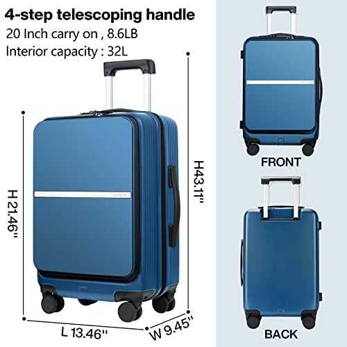 Hanke 20 Inch Carry On Luggage Airline Approved Hard Shell Suitcases with Wheels & Front Pocket Travel Luggage Lightweight Carry On Suitcase for Travel Rolling Luggage(Blue)