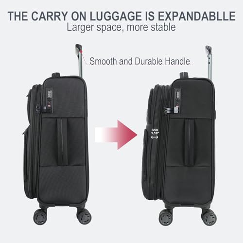 KROSER Softside Expandable Carry On Luggage with Front Business Pockets，20 Inch Suitcases with Spinner Wheels & Built-in TSA Lock, Durable Suitcase Rolling Luggage with USB Port, Black