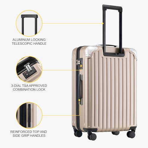 LEVEL8 Grace Carry on Luggage with Front Compartment, 20 Inch Expandable Hardside Suitcases with Wheels, Abs+Pc Harshell Spinner Luggages with Tsa Lock, Travel Bag for Women Men, Champagne