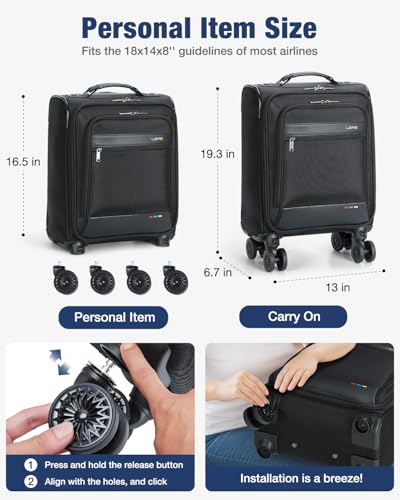 Underseat Carry On Luggage with Wheels, 16-Inch Rolling Under Seat Luggage, Softside Lightweight Carry On Bag for Airplane TSA Travel Personal Item，Travel Luggage for Men Women Business Black