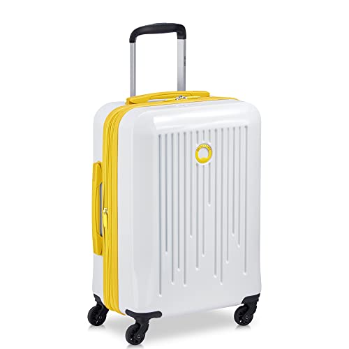 DELSEY PARIS Christine Hardside Expandable Luggage, Stylish and Unique, Glossy Exterior with 360 Spinner Wheels, Lockable Telescoping Handle, Men and Women, White with Yellow Trim, Carry-On 20-Inch
