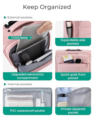 BAGSMART Underseat Carry on Luggage with Wheels, Soft Underseat Travel Luggage with PVC Wet/Dry Pockets, Lightweight Soft Personal Item Suitcase for Short Trip, Sakura Pink