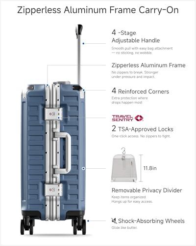 Carry On Luggage with Spinner Wheels, 8010S Aluminum Frame Zipperless Polycarbonate Hard Shell Suitcase (ZX-Core, Blue, 20 Inch)
