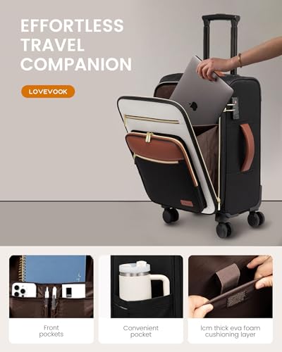 LOVEVOOK Carry on Suitcase 22x14x9 Airline Approved,20 inch Lightweight Waterproof Suitcases with 360° silent swivel wheels, TSA Lock and Compartment, Large Capacity travel Suitcase Black-White-brown