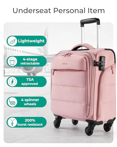 BAGSMART Underseat Carry on Luggage with Wheels, Soft Underseat Travel Luggage with PVC Wet/Dry Pockets, Lightweight Soft Personal Item Suitcase for Short Trip, Sakura Pink