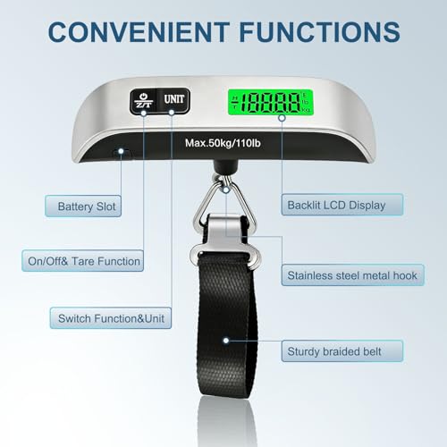 SkyStage Digital Luggage Scale, 110lb Suitcase Weight Scale for Travel with Backlit LCD Display, 4-Unit Switching, Portable Hanging Baggage Scale for Luggage, Backpacks, Packages (Battery Included)