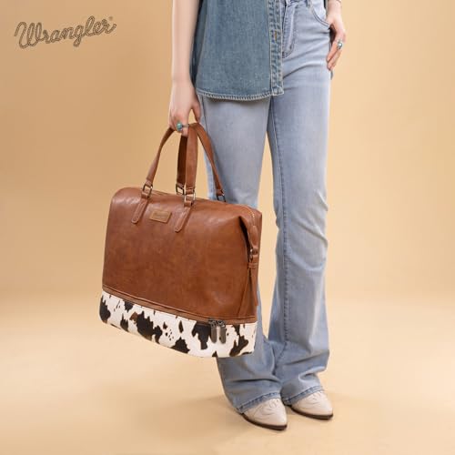 Wrangler Travel Duffel Bag Carry On Overnight Bag with Shoe Compartment Cow Print Weekender Bag for Women WG253-5110COW-BR