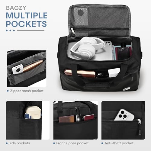 BAGZY 40x30x15cm Personal Item Travel Bag 16x12x6 inch Lightweight Gym Bag Foldable Duffle Bag Mens Water-resistant Weekender Bags for Women for Overnight Hospital Carry on Bags for Airplanes Black