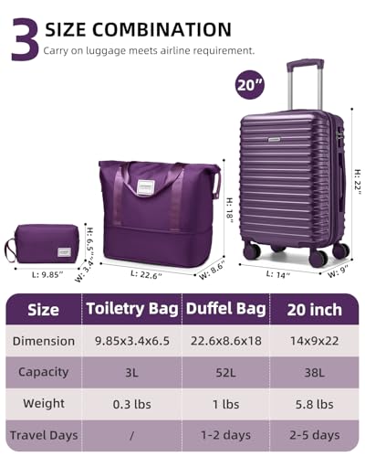 LARVENDER Carry on Luggage 22x14x9 Airline Approved, Expandable 20 Inch Hardside Suitcase with Wheels TSA Lock, PC+ABS Lightweight Carry on Suitcases for Women and Men, Royal Purple (20/DB/TB)
