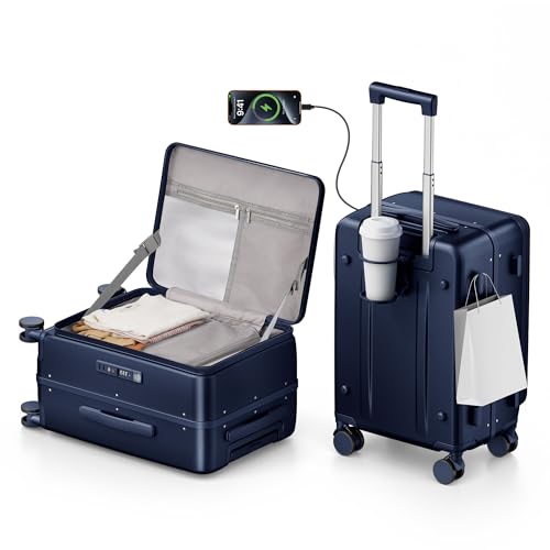ISLAND ELEPHANT 20 Inch Carry On Luggage with Cup Holder and USB Port, Top Opening Hard Shell Suitcase with TSA Lock, Spinner Wheels, Airline Approved Lightweight, Woman Men Gifts-Navy Blue