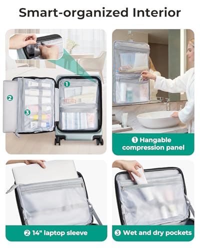 BAGSMART Top Opening Carry On Luggage 22x14x9 Airline Approved with TSA Lock, Expandable 20 Inch Deep Compartment Hard Shell Suitcases with Double Spinner Wheels, Green