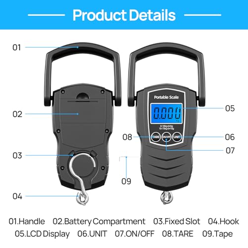 75Kg/165Lb Digital Luggage Scale for Travel, Fishing Weight Scale Unit with 1.5M Measuring Tape, Suitcase Weight Unit Can Switch Kg/Lb/Jin/Oz 4 Units, with Hook, Battery Included