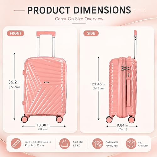 AGVOTK 20 In Carry On Luggage with TSA Lock, 22x14x9 Airline Approved Hardside Suitcase, Lightweight PP Travel Luggage with 360° Silent Spinner Wheels, Anti-Burst Zipper for Business (Rose Chevron)