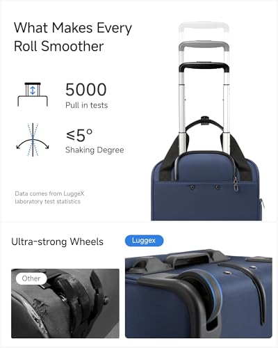 LUGGEX Underseat Carry On Luggage with Wheels, UDK-Plus Large-Capacity Lightweight Soft Sided Personal Item Suitcase for Short Trips (UX-Core, Navy Blue, 16 Inch)